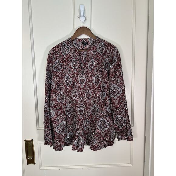Talbots Paisley Sequin Pin Tuck Blouse Womens Size 2X Red Black Classic Preppy - Picture 1 of 7